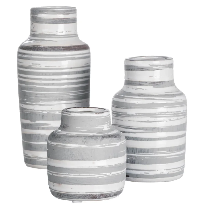 Elegant velvet throw blanket-Sullivans Set of 3 Ceramic Striped Bottle Vase 7"H, 5.25"H & 3.5"H Gray