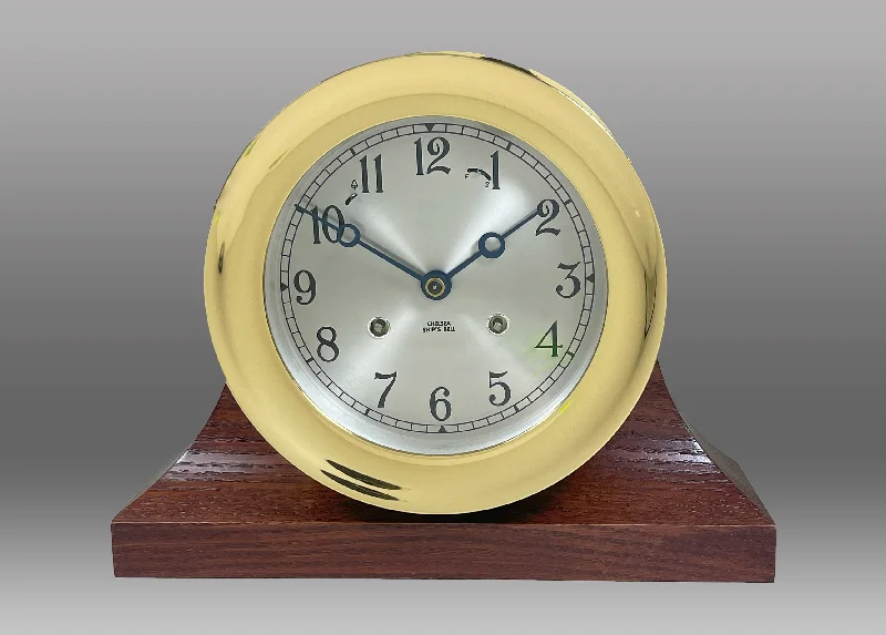 Modern steel wall shelf-6" Ship's Bell Clock, Contemporary Base with Mahogany Finish