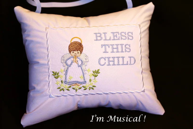 Rustic pine wall art-Angel Boy Music Box Pillow -- Personalized Embroidered MUSICAL Keepsake - Baptism, Christening, Confirmation, Memorial