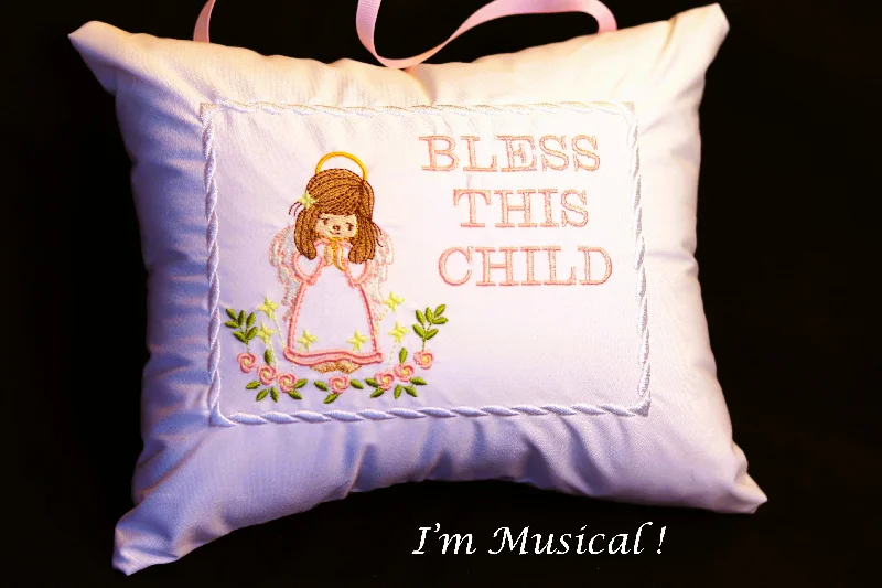 Handcrafted wooden wall shelf-Angel Girl Music Box Pillow -- Personalized Embroidered MUSICAL Keepsake - Baptism, Christening, Confirmation, Memorial