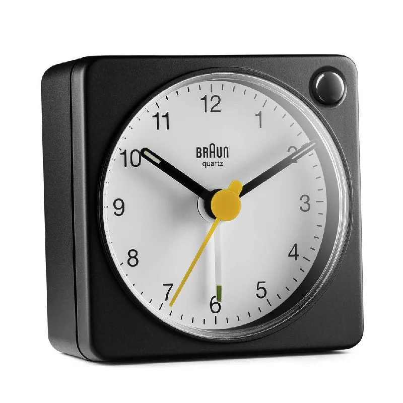 Small copper shelf bracket-BC02X Braun classic analogue travel alarm clock - black & white