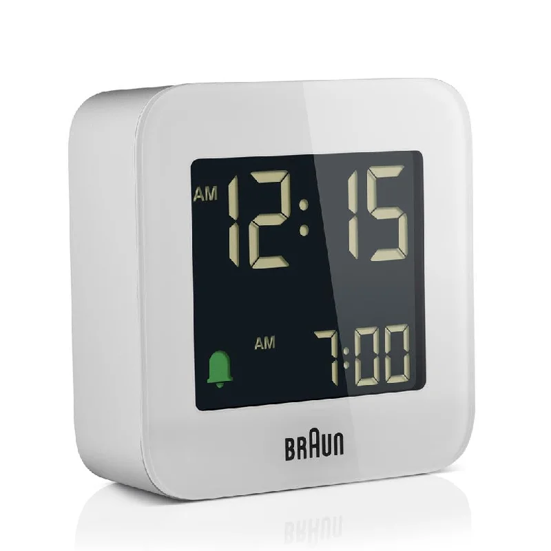 Contemporary glass wall shelf-BC08 Braun digital travel alarm clock - white