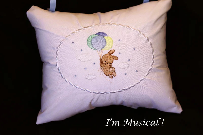 Small rattan wall art-Bunny with Balloons Music Box Pillow -- Personalized Embroidered MUSICAL Baby Keepsake