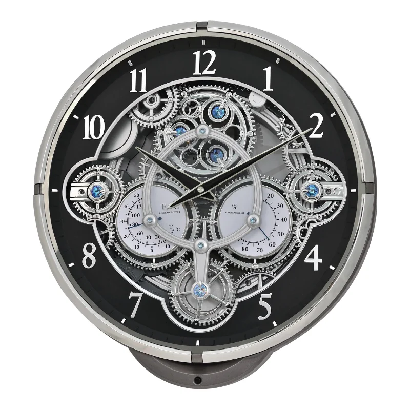 Unique retro table runner-Rhythm “Chronograph (Black/Silver)” Skeletonized Dial Magic Motion Musical Wall Clock with Moving Gears - 4MH442WU08