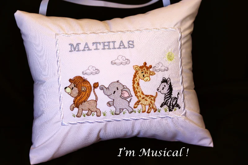 Unique industrial wall art-Jungle Safari Animals Music Box Pillow -- Personalized Embroidered MUSICAL Keepsake