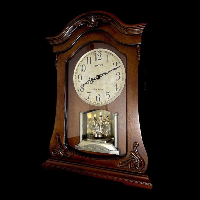 Unique mid-century shelf decor-Rhythm "WSM Luminous Queen Mantel" Large Wooden Chiming & Musical Traditional Mantel Clock with LED-Lighted Dial - CRH227UR06