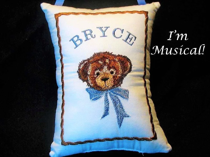 Contemporary ceramic throw pillow-Teddy Bear Head with Bow Musical Baby Pillow -- Personalized Embroidered Baby Keepsake