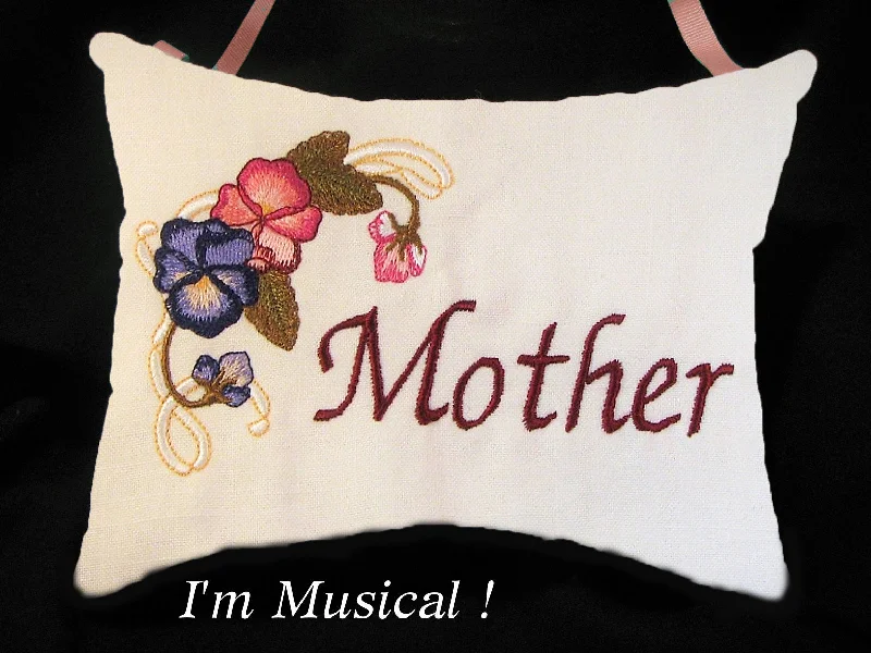 Unique farmhouse wall art-Pansies & Ribbons Music Box Pillow -- Personalized Embroidered MUSICAL Keepsake