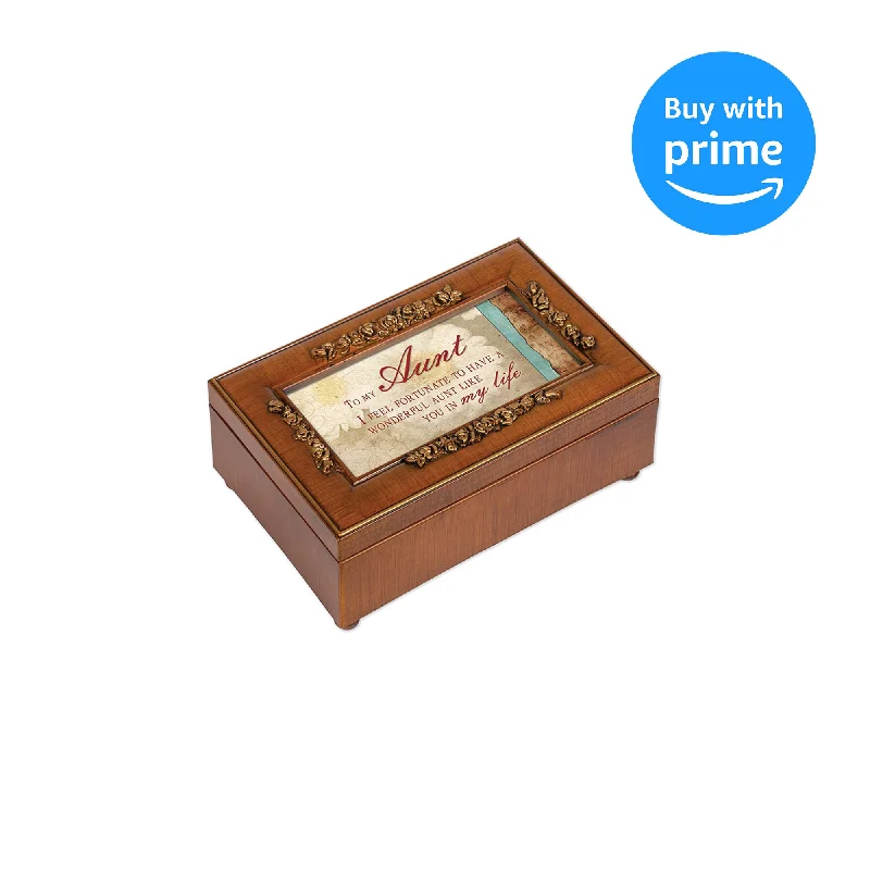 Unique mid-century table decor-Cottage Garden Aunt Fortunate to Have You Woodgrain Embossed Jewelry Music Box Plays Wonderful World