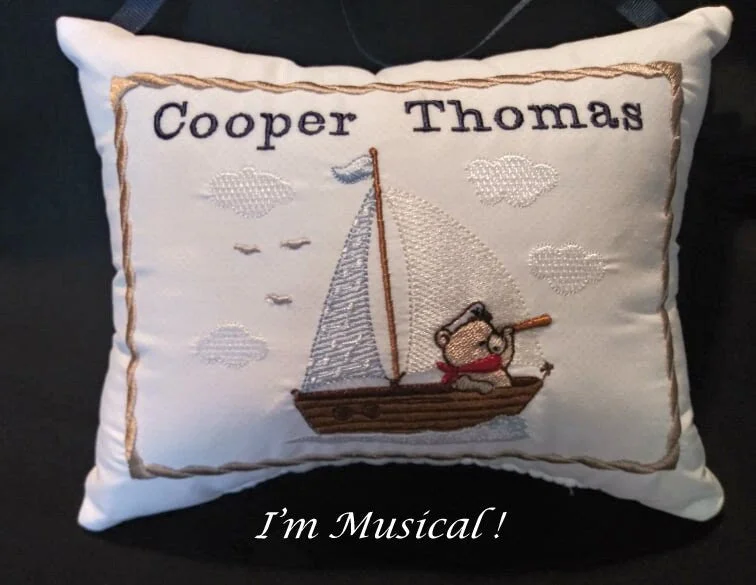 Unique farmhouse wall sign-Sailboat and Teddy Bear Music Box Pillow -- Personalized Embroidered MUSICAL Keepsake