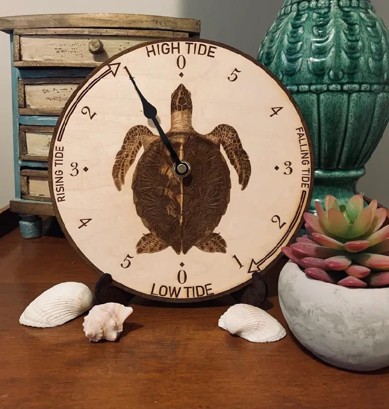 Rustic oak wall plaque-Sea Turtle Tide Clock- Engraved Tide Clock