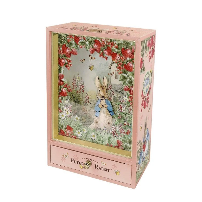 Rustic cedar table coaster-Traditional Music Box: Peter Rabbit Dancing (with drawer) - Strawberries