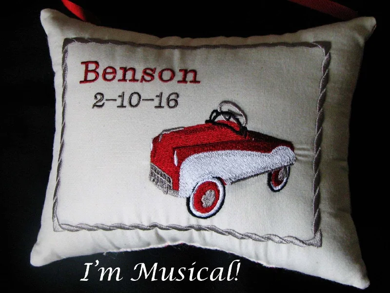 Modern acrylic vase decor-Vintage Pedal Car Music Box Pillow -- Personalized Embroidered MUSICAL Baby Keepsake