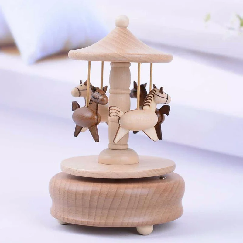 Handcrafted jute shelf decor-Wooden Spring Carousel Music Box