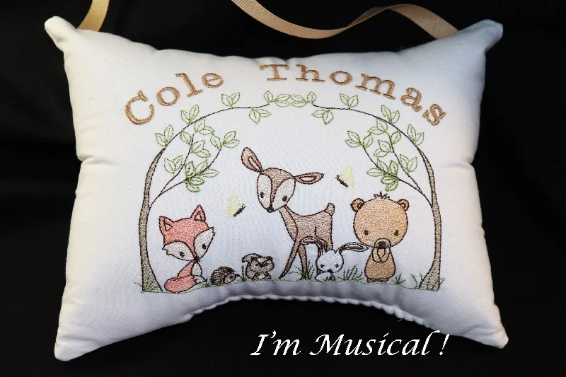 Large floral canvas print-Woodland Animals Music Box Pillow -- Personalized Embroidered Baby MUSICAL Keepsake