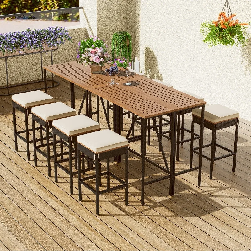 Contemporary ceramic wall mirror-10-Piece All-Weather Patio Outdoor Dining Bistro Set With Foldable Tabletop Bar Height Table And Eight Stools With Cushions