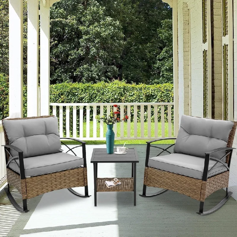 Unique industrial wall vase-3 Pieces Patio Rocking Rattan Set, Outdoor Bistro Set with Cushions - 1 Table,2 Rocking chairs