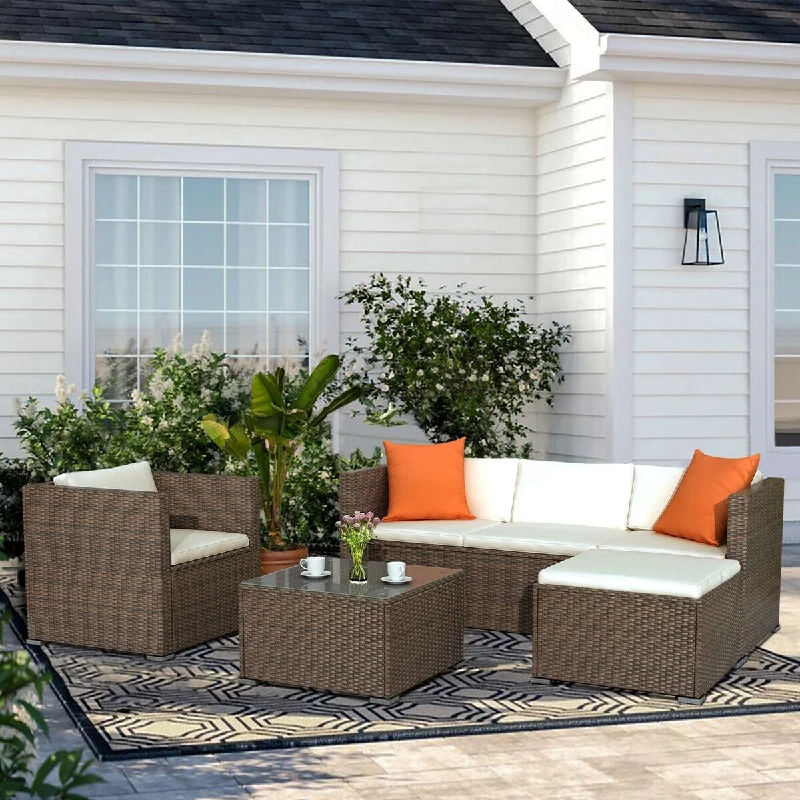 Small rattan wall shelf-4PCS Cushioned Wicker Sofa Set with 1 Table&1 Chair&1 Ottoman - Brown