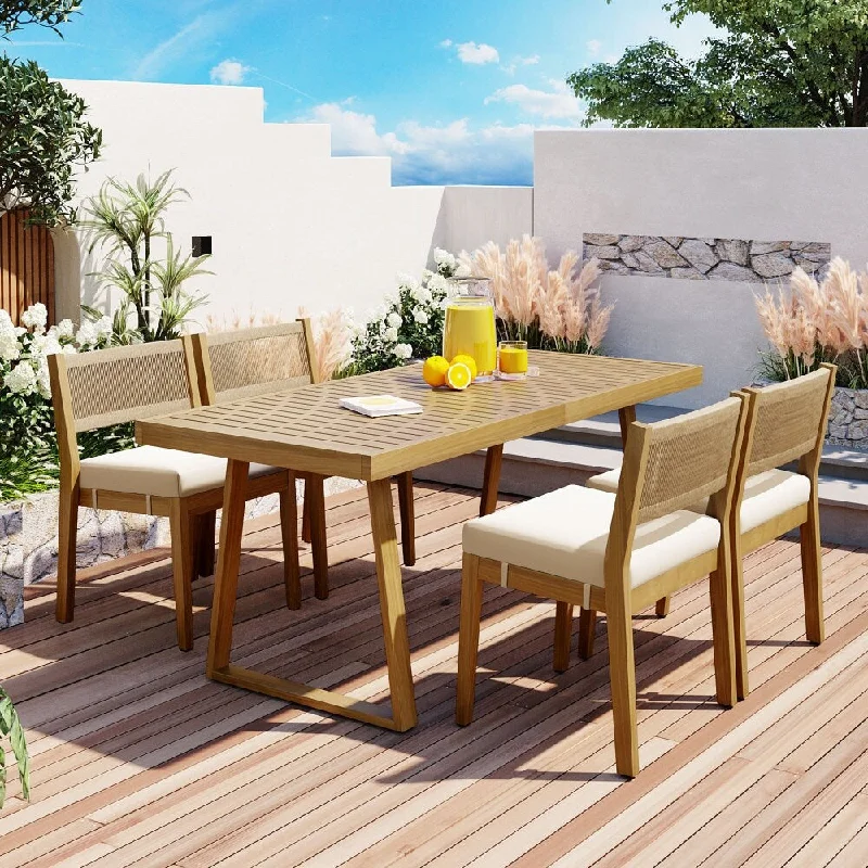 Unique industrial table mat-5 -Piece Acacia Wood Dining Table and Chair Set with Gray Cushions