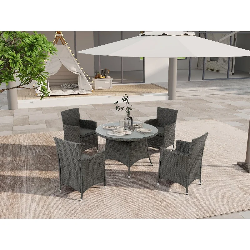 Large abstract wall hook-5 Piece All-Weather Wicker Patio Outdoor Dining Set with Cushions,Round Tempered Glass Tabletop with Umbrella Cutout