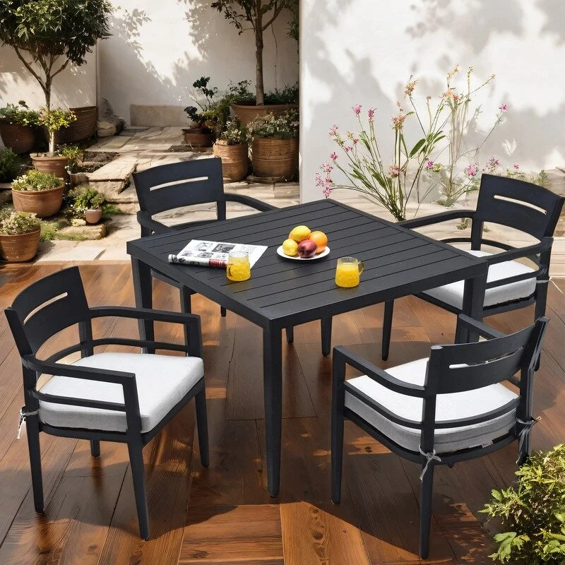 Unique mid-century wall sign-5-Piece Modern Outdoor Patio Aluminum Dining Set, 4 Dining Chairs Fabric Cushioned & 40" Square Dining Table with Umbrella Hole