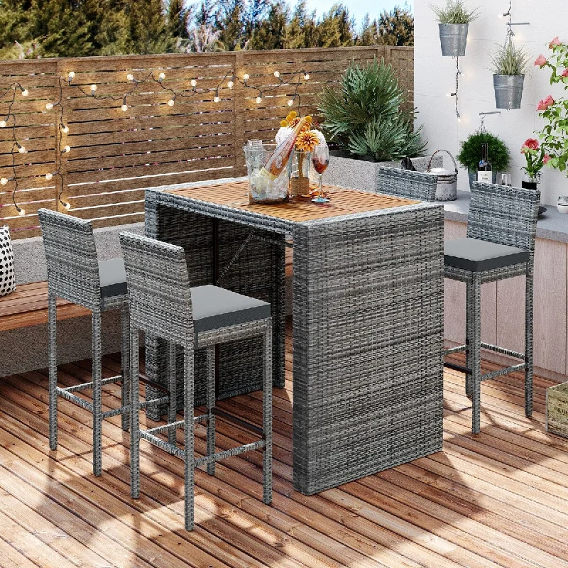 Minimalist beige vase holder-5-Piece Outdoor Patio Bar Set With Height Chairs With Non-Slip Feet And Removable Cushion And Acacia Wood Table Top