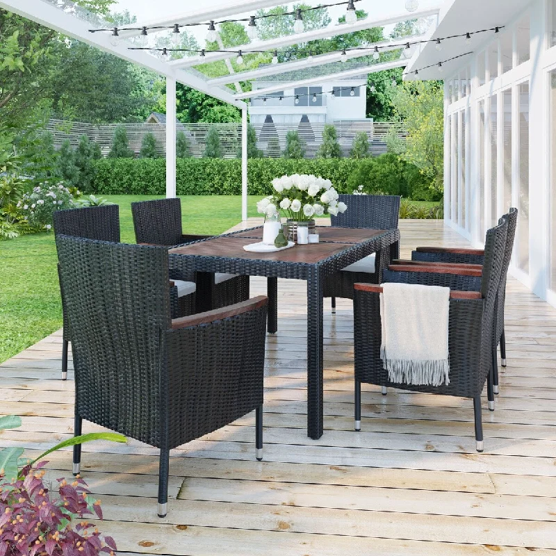 Modern brass wall lantern-7-Piece Outdoor Dining Set with Acacia Wood Tabletop and Chairs with Cushions