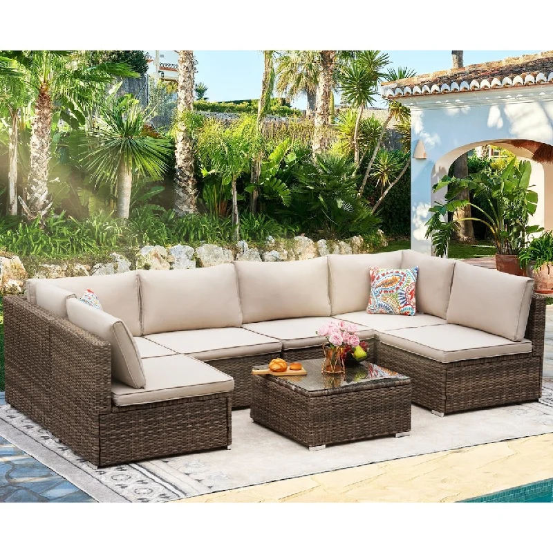 Large abstract wall art-7-Piece Outdoor Patio Rattan Furniture Sets with 1 Table, 2 Corner Sofas, 4 Armless Sofas & Cushions