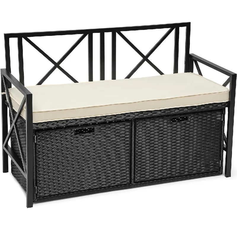 Unique farmhouse wall shelf-70 Gallon Outdoor Storage Bench w/Cushion, Wicker Storage Deck Box w/Seat, PE Rattan Storage Seating for Patio, Garden Tools