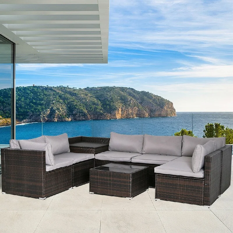 Contemporary glass wall ornament-8-Piece Brown&Grey Outdoor Rattan Furniture Sets with 6 Sofas, 1 Coffee Table, Storage Box & Cushions