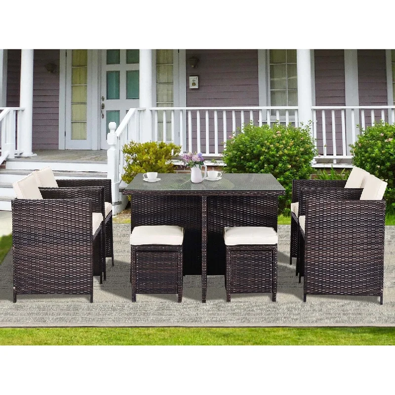 Unique farmhouse wall shelf-9 Piece Rattan Conversation Set with Cushions, Patio Rattan Dining Set