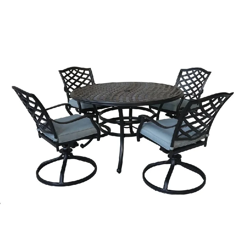 Modern steel wall plaque-Aluminum 5-Piece Round Dining Set With 4 Swivel Rockers, Light Blue Cushion