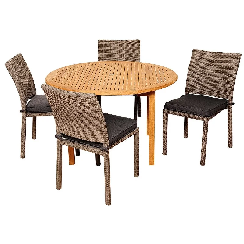 Large abstract shelf unit-Anthony 5-Piece Outdoor Dining Set Teak Wicker Round Patio Furniture with Grey Cushions