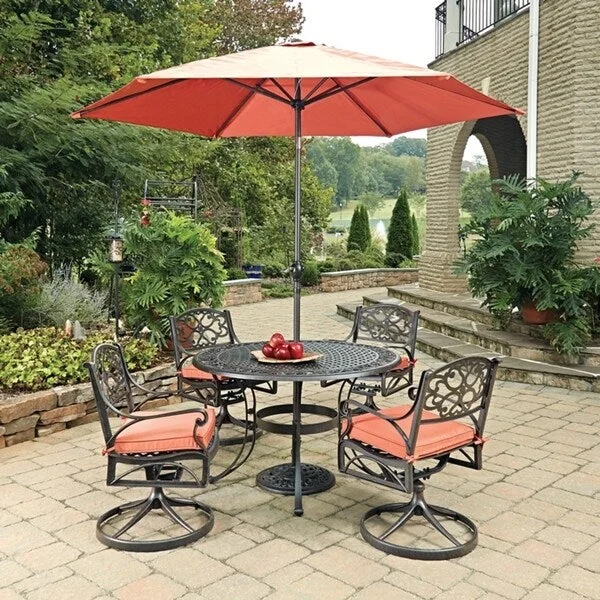 Handcrafted jute shelf decor-Biscayne Rust Bronze Round 7 Pc Outdoor Dining Table, 4 Swivel Rocking Chairs with Cushions & Umbrella with Base by Home Styles