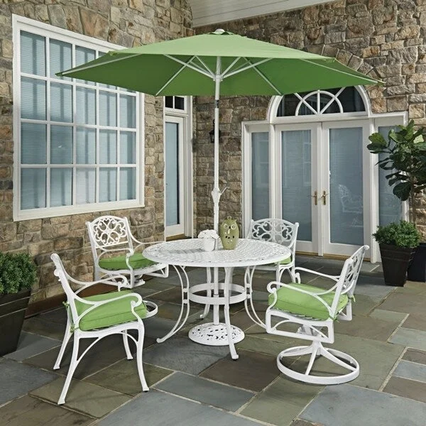 Vintage bronze wall shelf-Biscayne White 7-piece Round Outdoor Dining Set with Cushioned Arm and Swivel Rocking Chairs and Umbrella by Home Styles