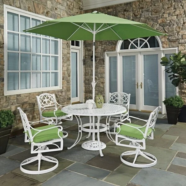 Modern brass wall shelf-Biscayne White Round 7 Pc Outdoor Dining Table, 4 Swivel Rocking Chairs with Cushions & Umbrella with Base by Home Styles