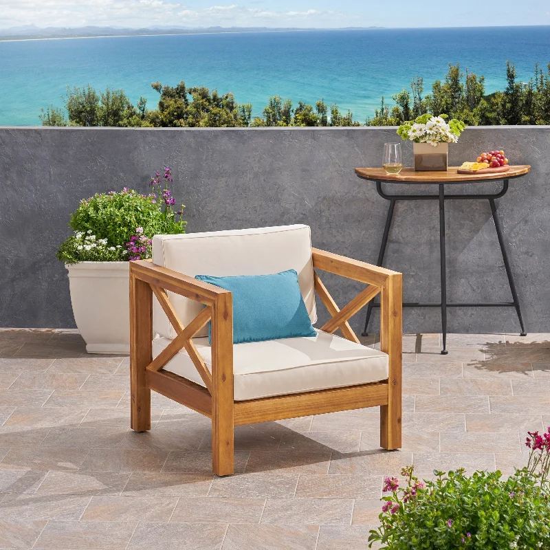 Large geometric wall shelf-Brava Outdoor Acacia Wood Club Chair with Cushion by Christopher Knight Home