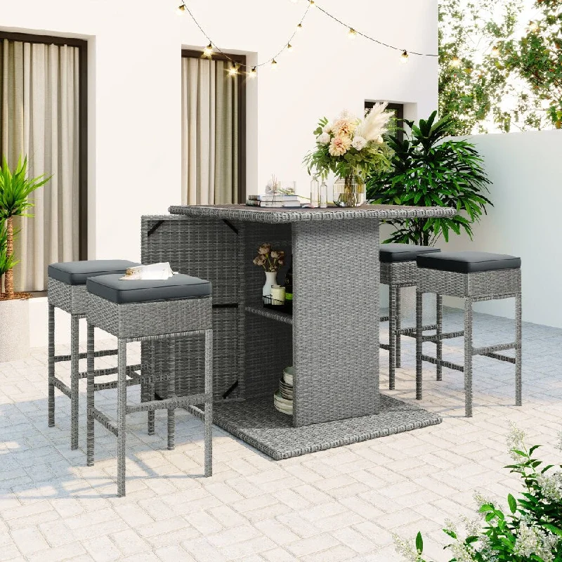 Minimalist gray wall art-Gray Patio 5-Piece Dining Table Set with Storage Shelf Gray Cushion