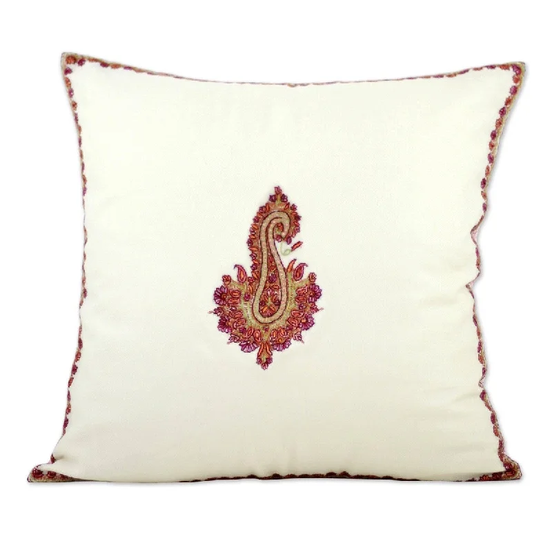 Contemporary glass wall mirror-Handmade Glorious Bloom Embroidered wool cushion cover (India) - 30 x 20 x 2