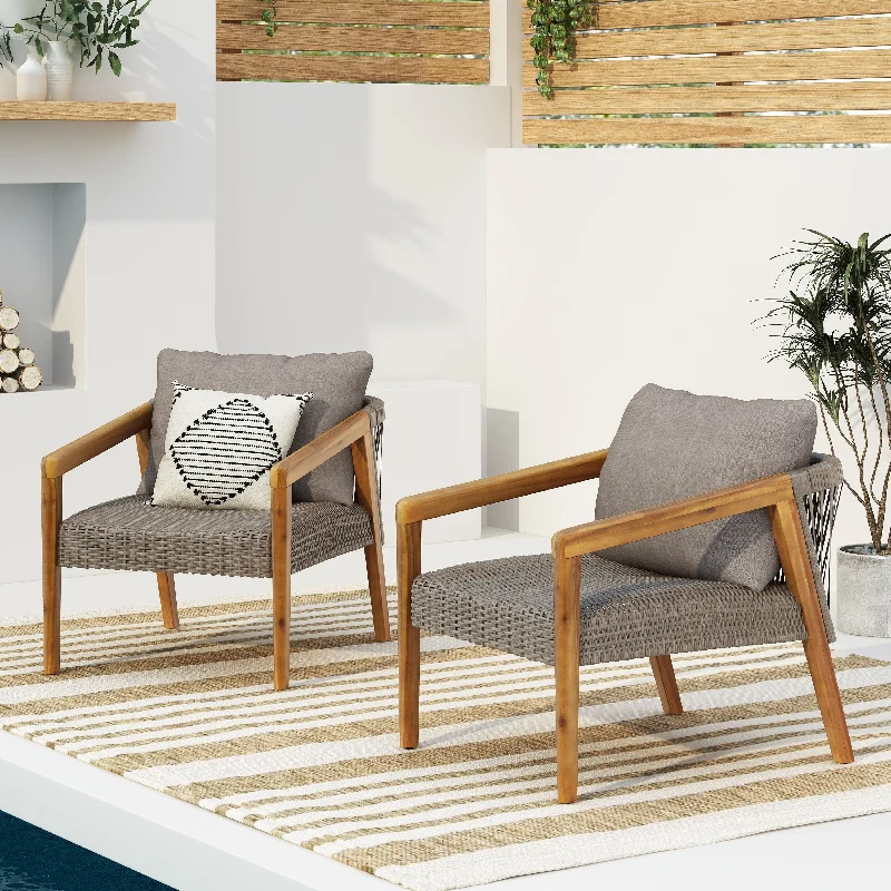 Elegant rattan wall shelf-Lochmere Outdoor Acacia Wood and Wicker Club Chairs with Cushion by Christopher Knight Home