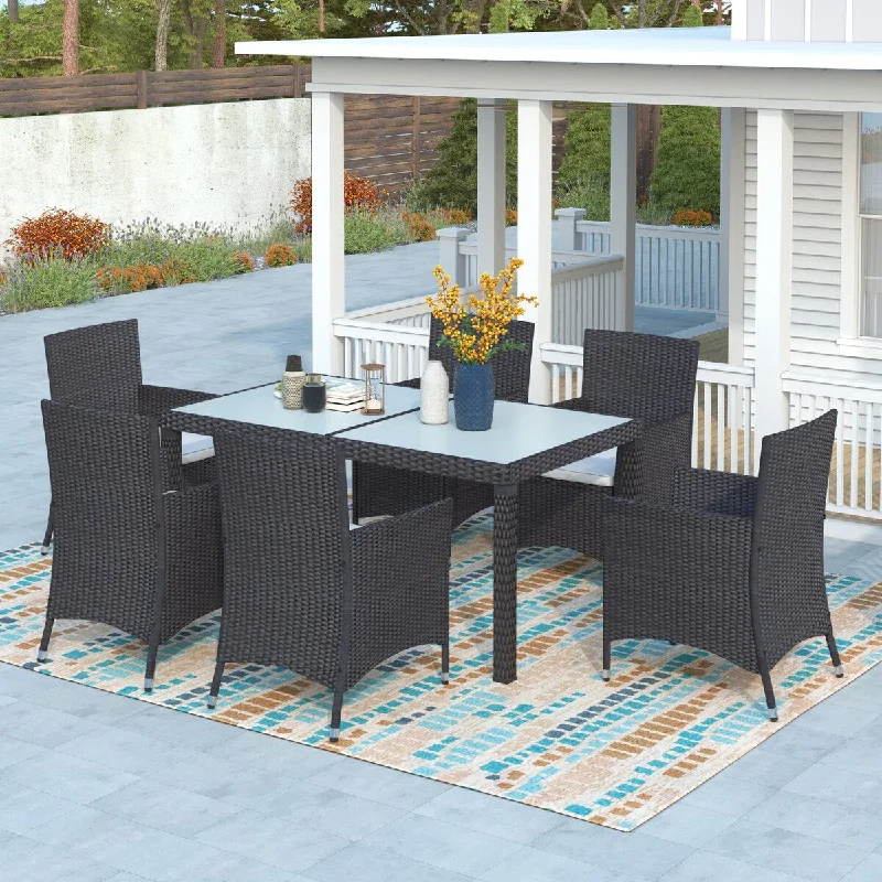 Large abstract wall shelf-Modern 7-Piece Patio Outdoor Wicker Dining Set with Beige Cushion