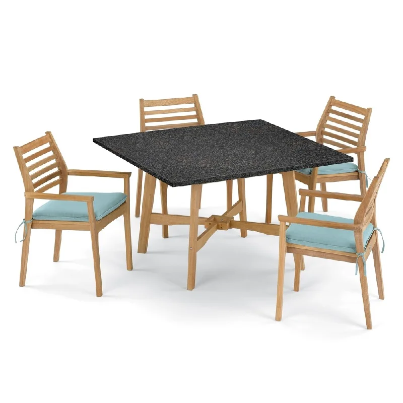 Unique industrial table runner-Oxford Garden Wexford 5-piece 48-inch Lite-Core Dining Table & Mera Shorea Stacking Armchair Set - Canvas Mineral Blue Cushions