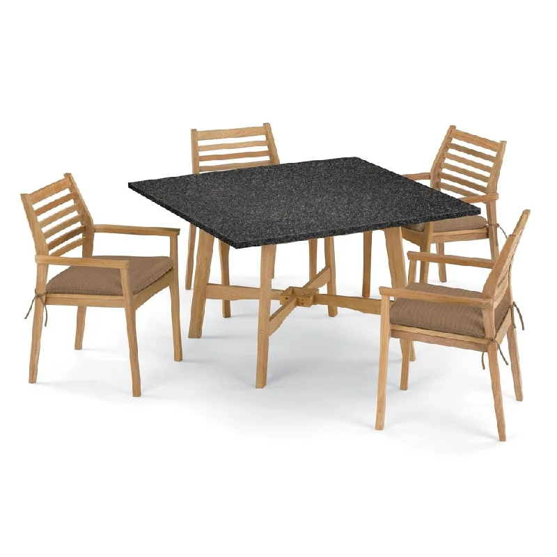 Contemporary glass wall hook-Oxford Garden Wexford 5-piece 48-inch Lite-Core Dining Table & Mera Shorea Stacking Armchair Set - Dupione Walnut Cushions