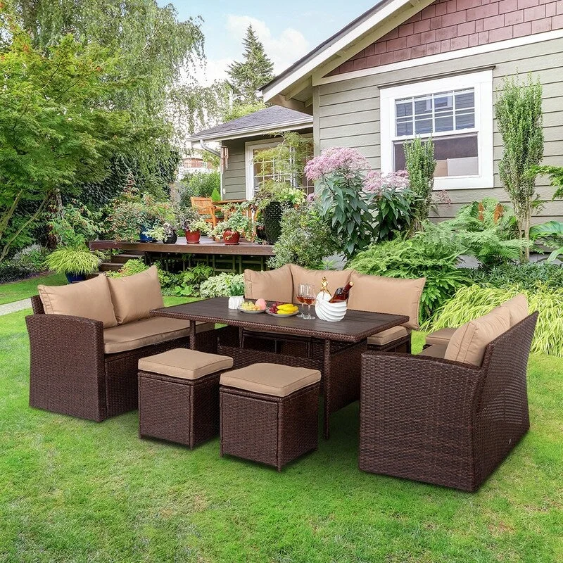 Large geometric throw cushion-Patio Brown Wicker 8-Piece Dining Set with Beige Cushions