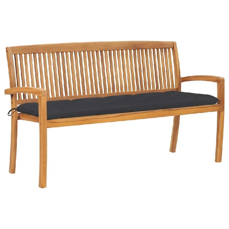 Minimalist gray table figurine-Stacking Patio Bench with Cushion 62.6" Solid Teak Wood