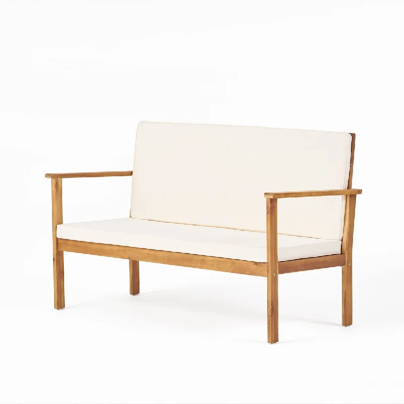 Unique mid-century wall art-Stellan Outdoor Acacia Wood Bench with Cushion, Brown Patina, Cream