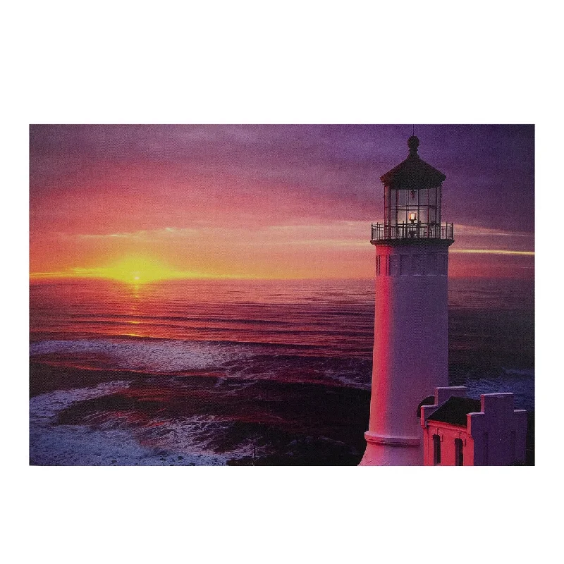 Handcrafted bamboo wall shelf-23.75" LED Lighted Sunset Lighthouse Seaside Scene Canvas Wall Art