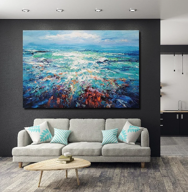 Modern acrylic wall plaque-Landscape Canvas Paintings, Abstract Landscape Paintings, Blue Sea Wave Painting, Seascape Painting, Landscape Paintings for Living Room, Heavy Texture Canvas Art