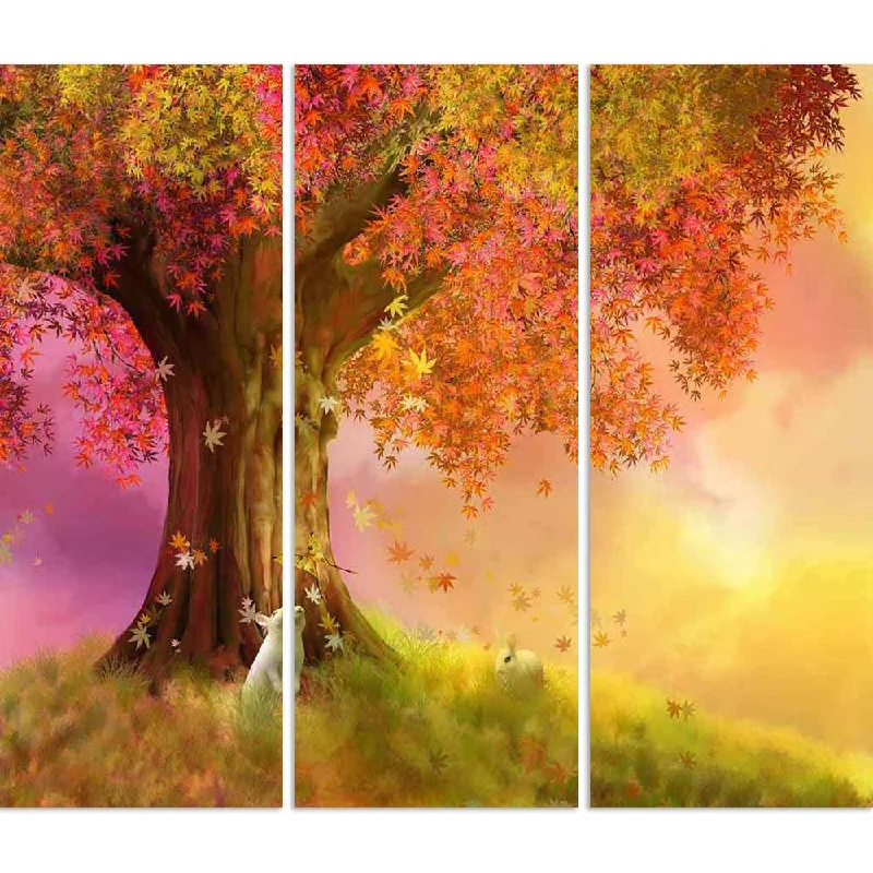 Vintage gold wall mirror-ArtzFolio Autumn Day With A Big Tree Two Rabbits Split Art Painting Panel on Sunboard