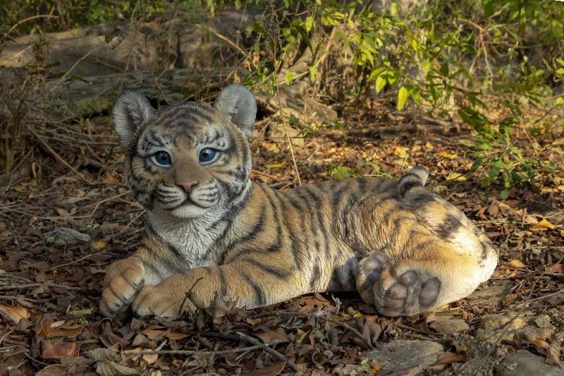 Small rattan wall art-Baby Yellow Tiger Cub Laying Down Statue